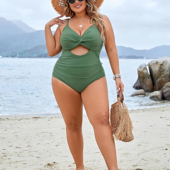 Women's Plus Size Tummy Control One Piece Swimsuit with Twist Front and Ruched D - Picture 3 of 8